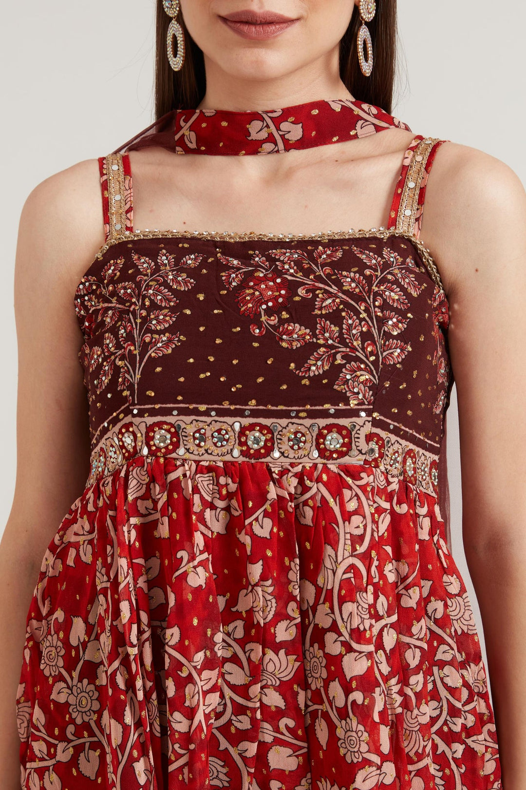Neerus Maroon georgette embroidered suit set - side view