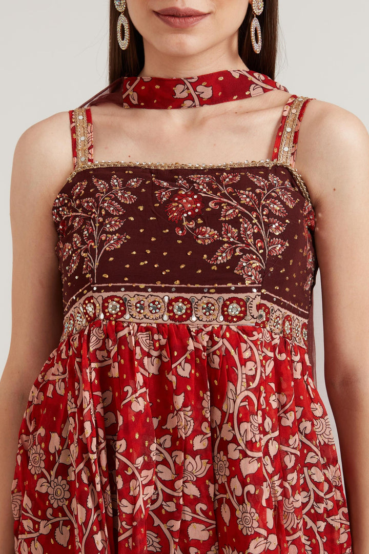 Neerus Maroon georgette embroidered suit set - side view