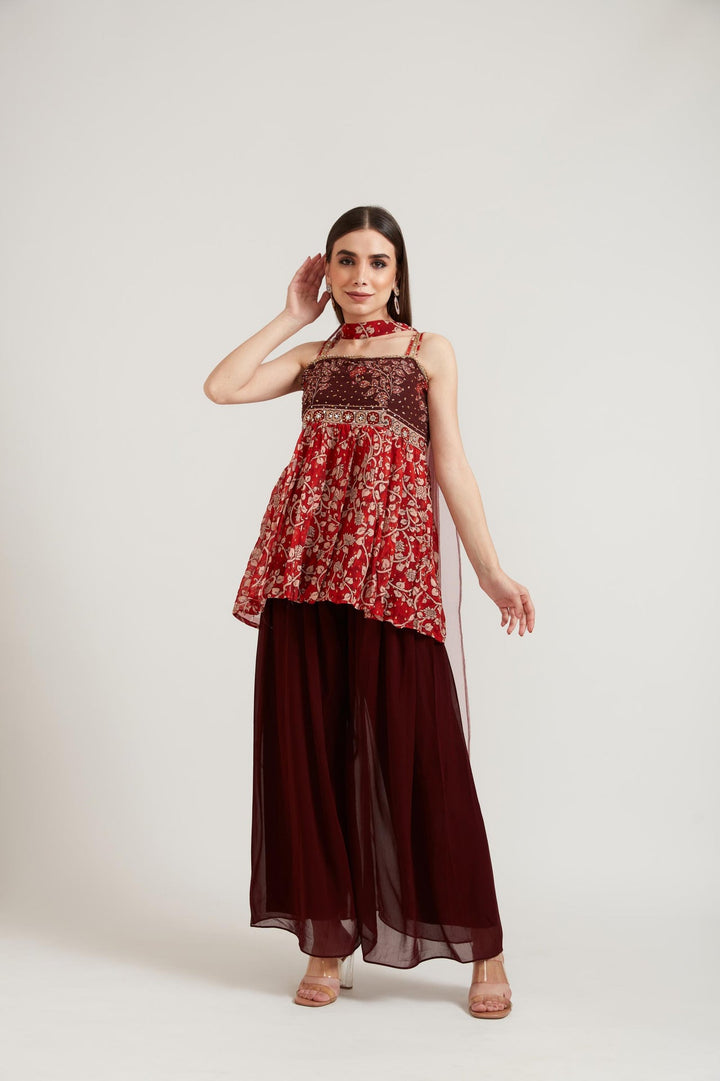 Neerus Maroon georgette embroidered suit set - front view