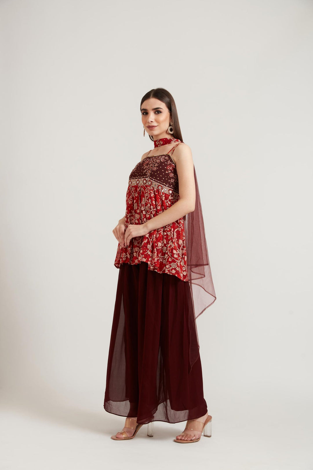 Neerus Maroon georgette embroidered suit set - detail view 1