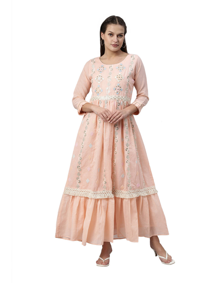 Neerus Orange Kota fabric straight kurta - front view