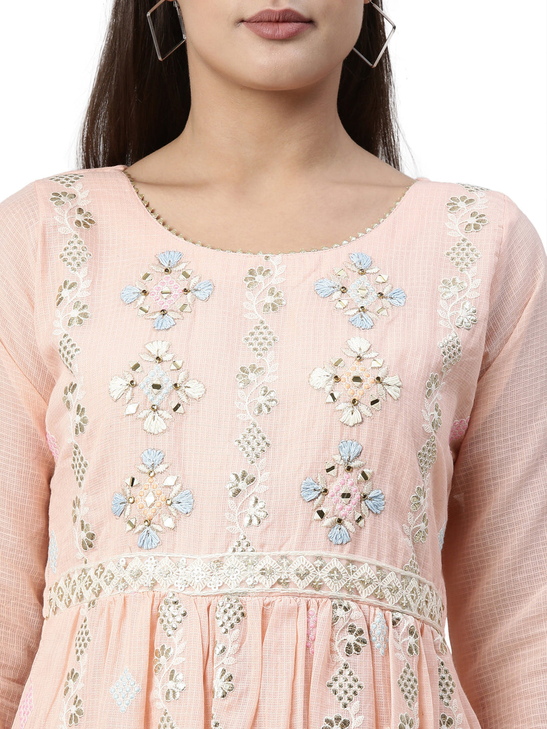 Neerus Orange Kota fabric straight kurta - back view
