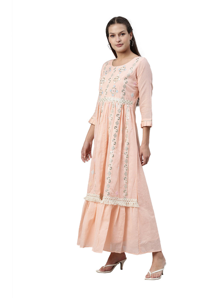 Neerus Orange Kota fabric straight kurta - side view