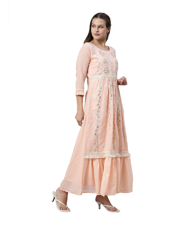 Neerus Orange Kota fabric straight kurta - detail view 1