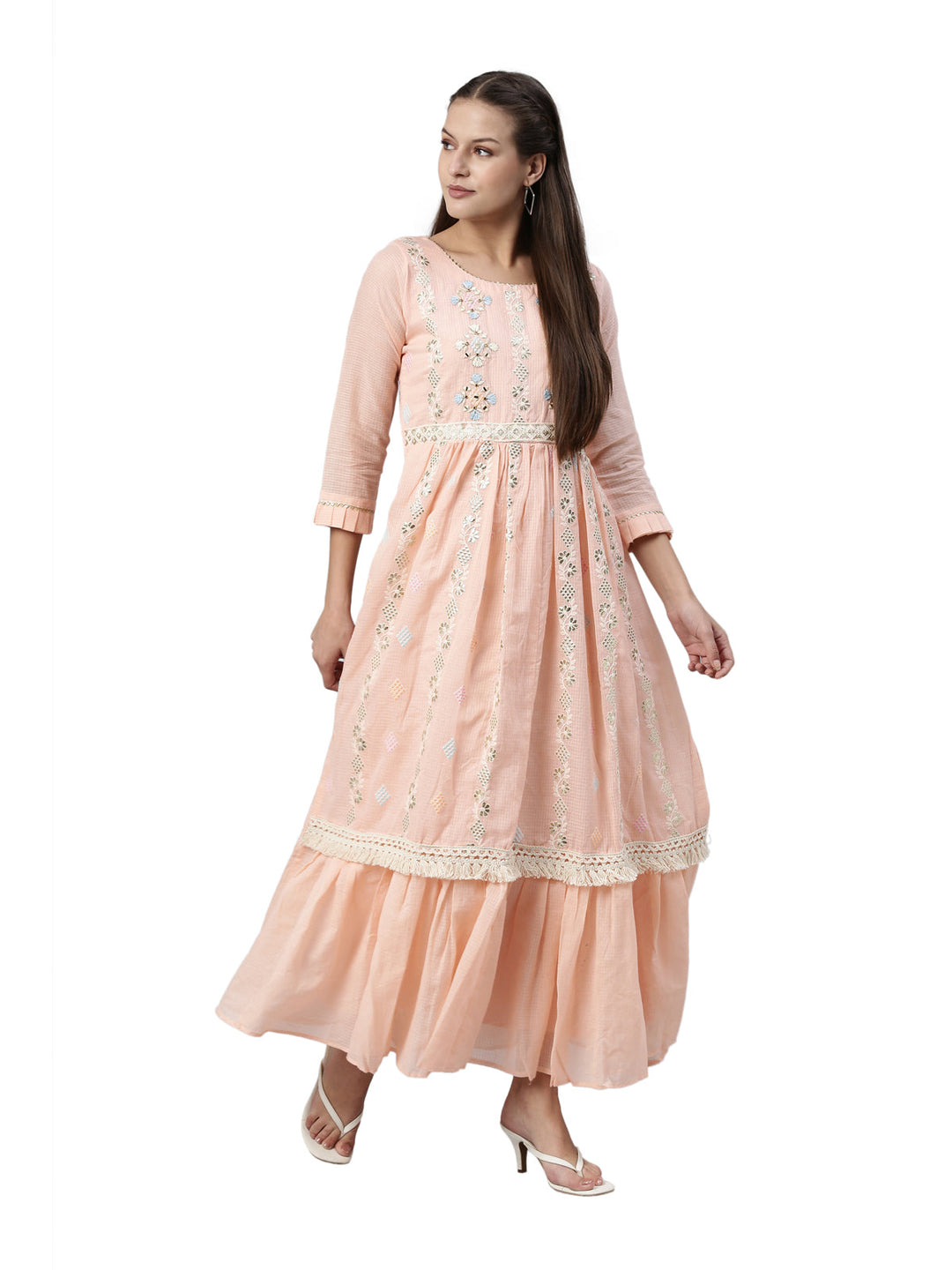 Neerus Orange Kota fabric straight kurta - detail view 3
