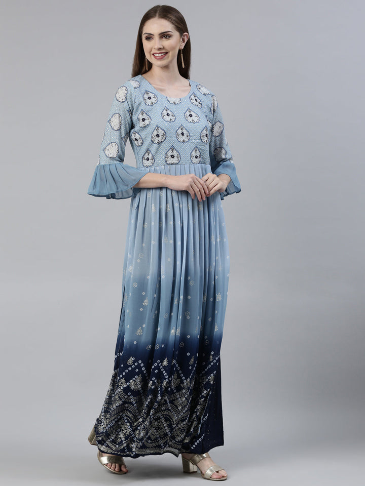 Neerus Blue Georgette Printed Kurta Set with Sharara and Dupatta - back view