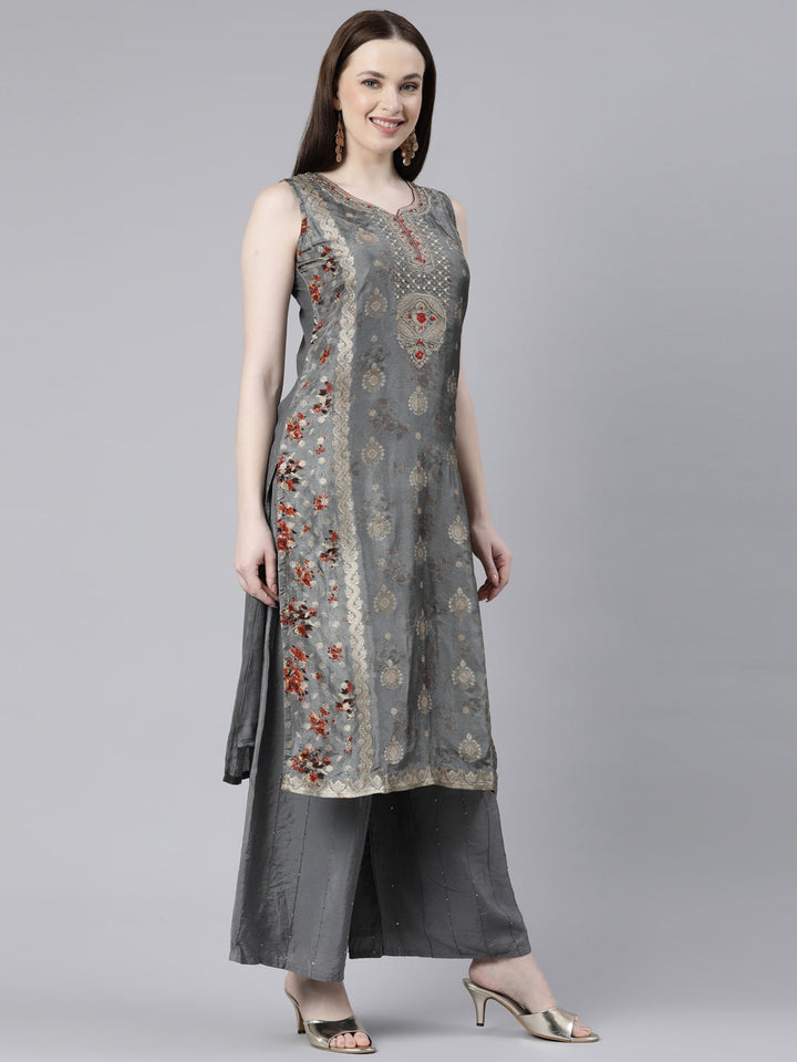 Neerus Grey printed kurta set with palazzo and dupatta - back view
