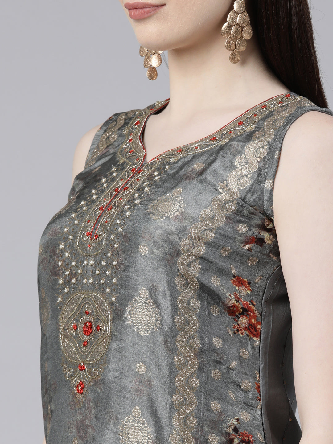 Neerus Grey printed kurta set with palazzo and dupatta - detail view 1