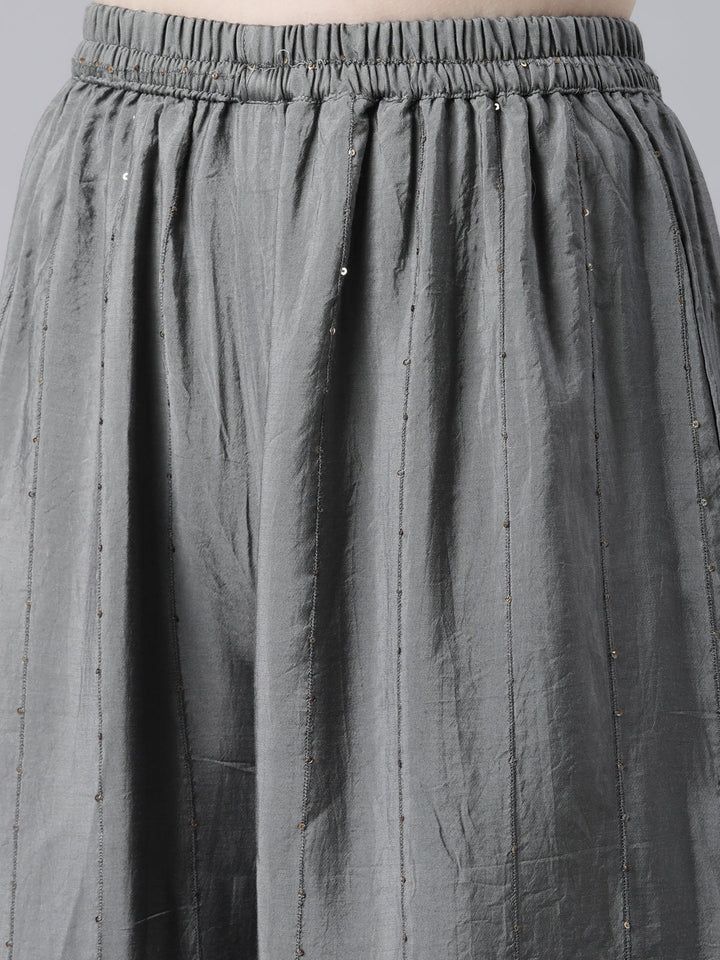 Neerus Grey printed kurta set with palazzo and dupatta - detail view 3