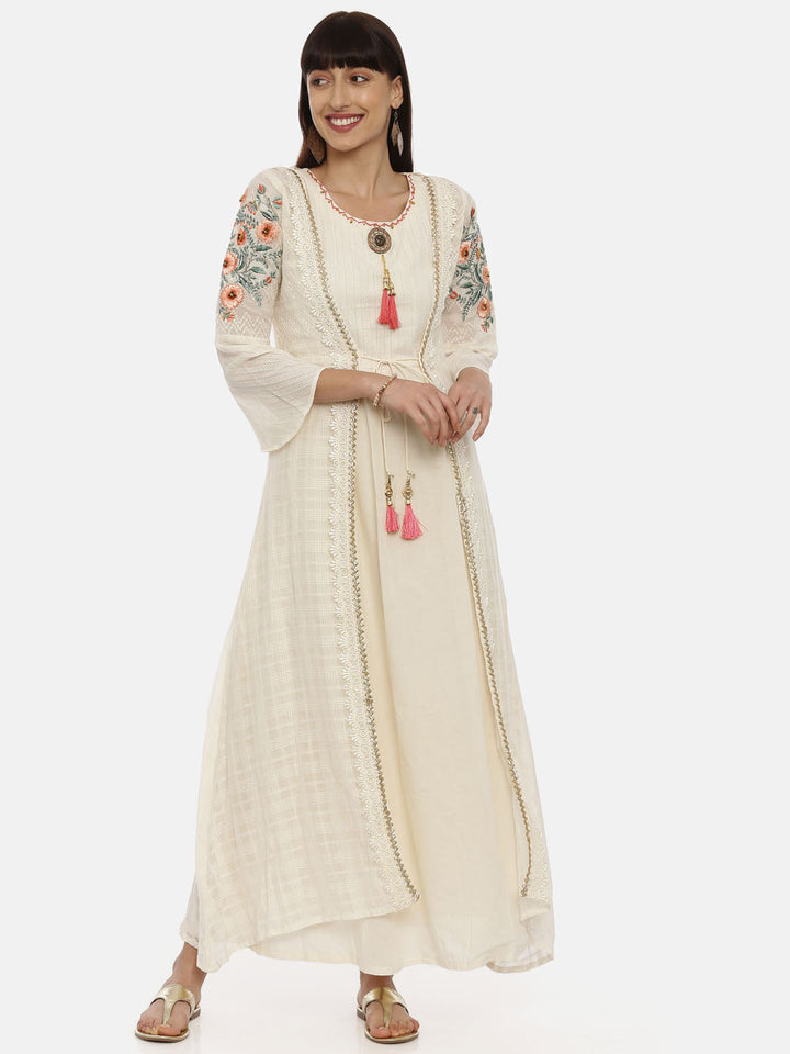 Neerus Beige cotton solid tunic dress - front view
