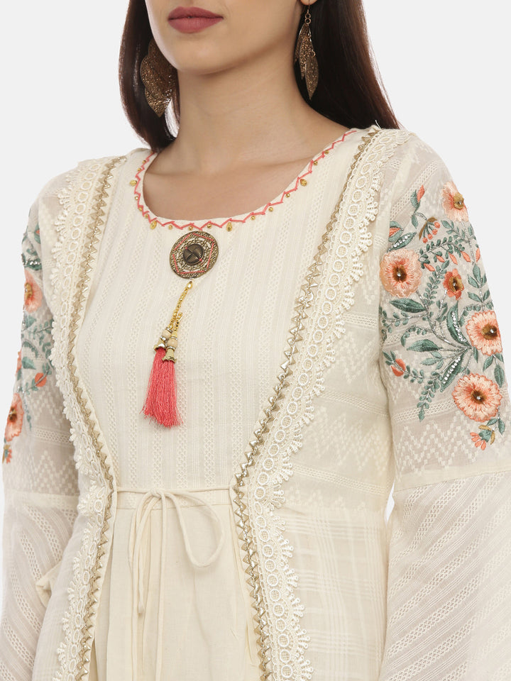Neerus Beige cotton solid tunic dress - back view