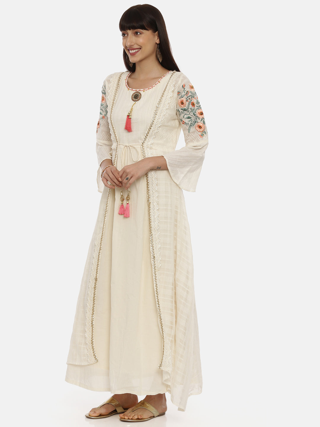 Neerus Beige cotton solid tunic dress - side view