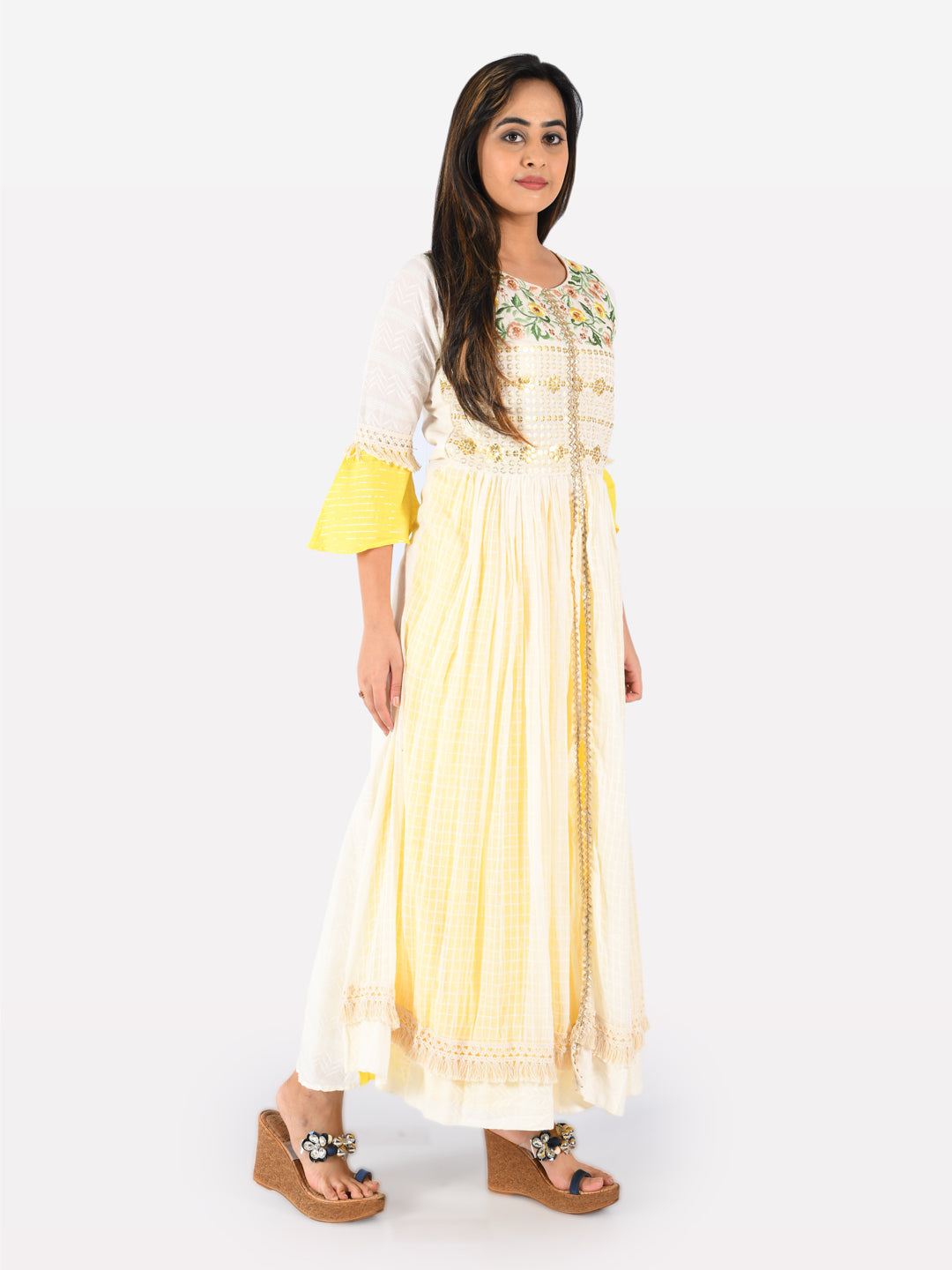 Neerus White cotton solid tunic dress - front view