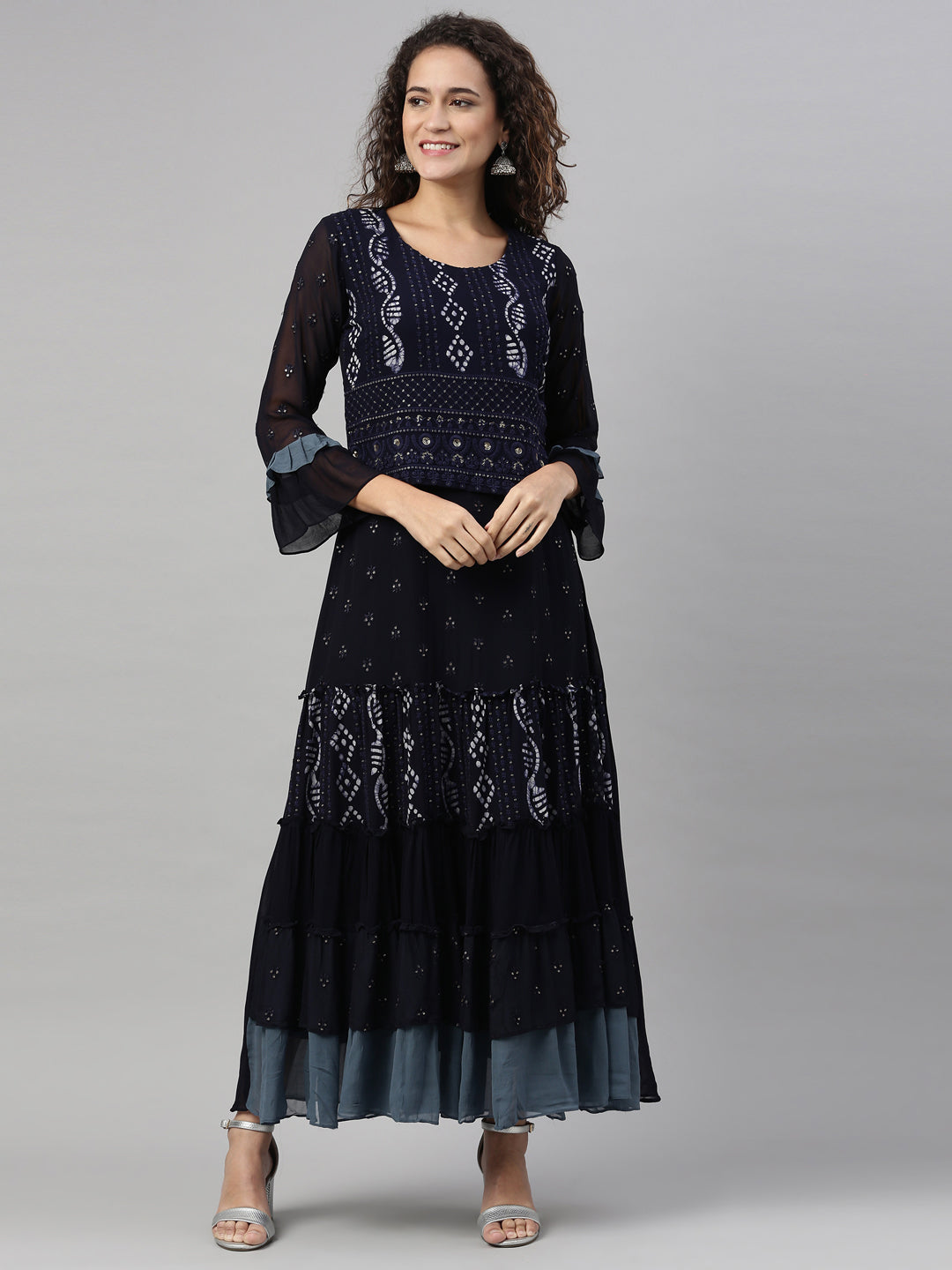 Neerus Blue Georgette Hand Embroidered Kurta - detail view 4