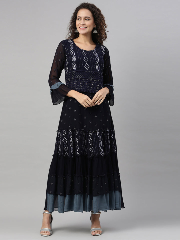 Neerus Blue Georgette Hand Embroidered Kurta - detail view 4