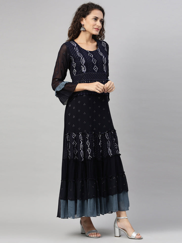 Neerus Blue Georgette Hand Embroidered Kurta - front view