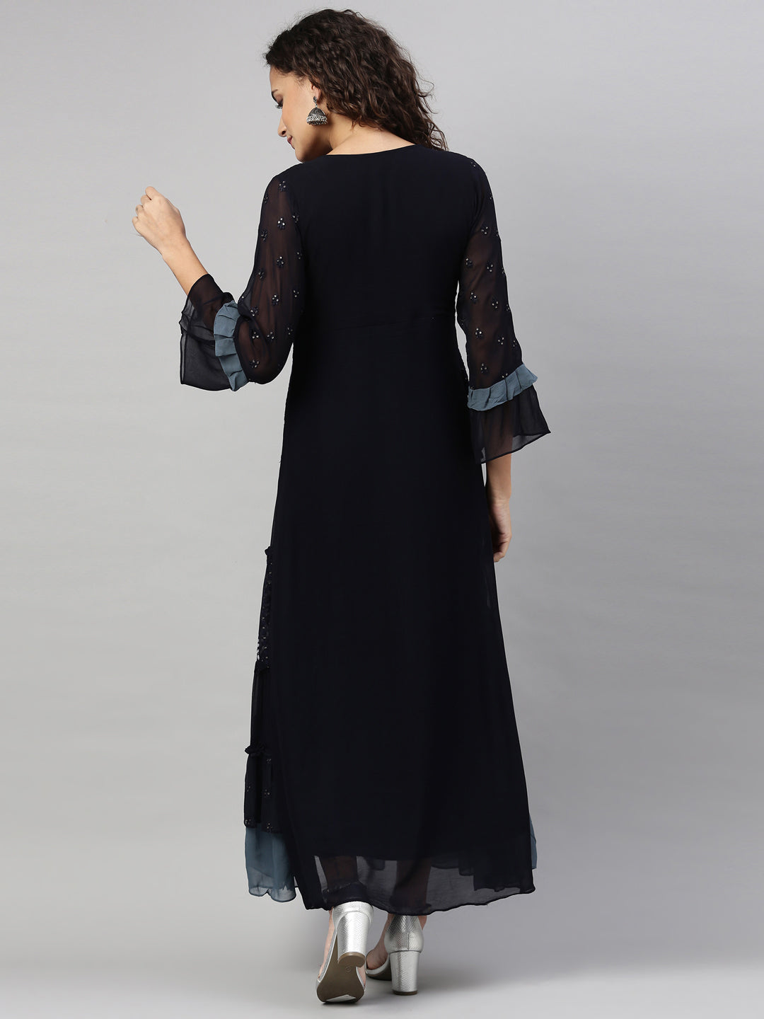 Neerus Blue Georgette Hand Embroidered Kurta - back view