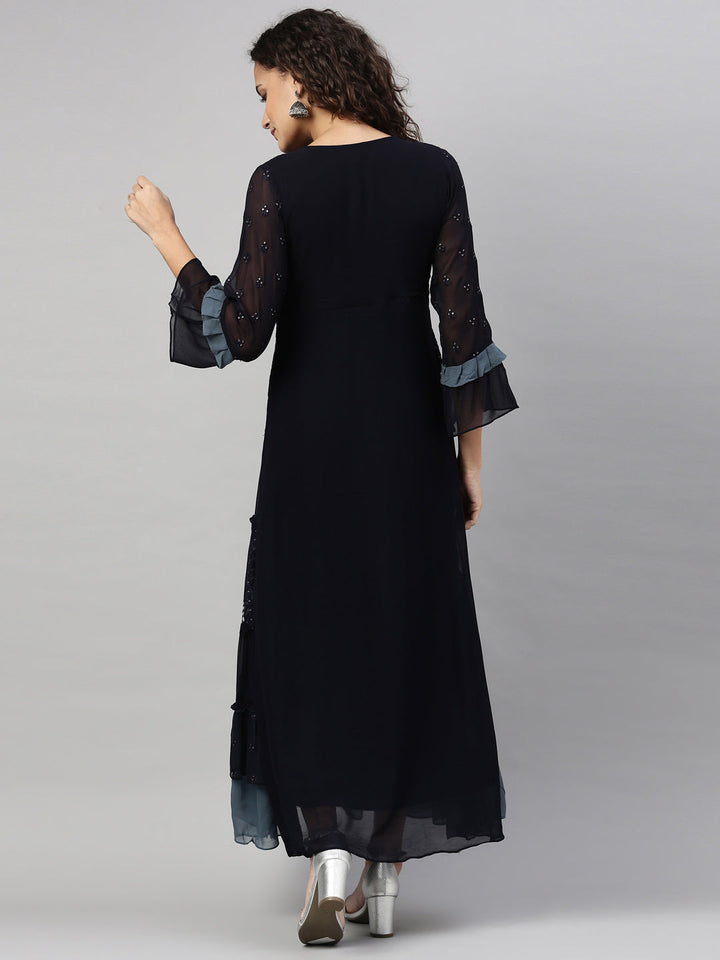 Neerus Blue Georgette Hand Embroidered Kurta - back view
