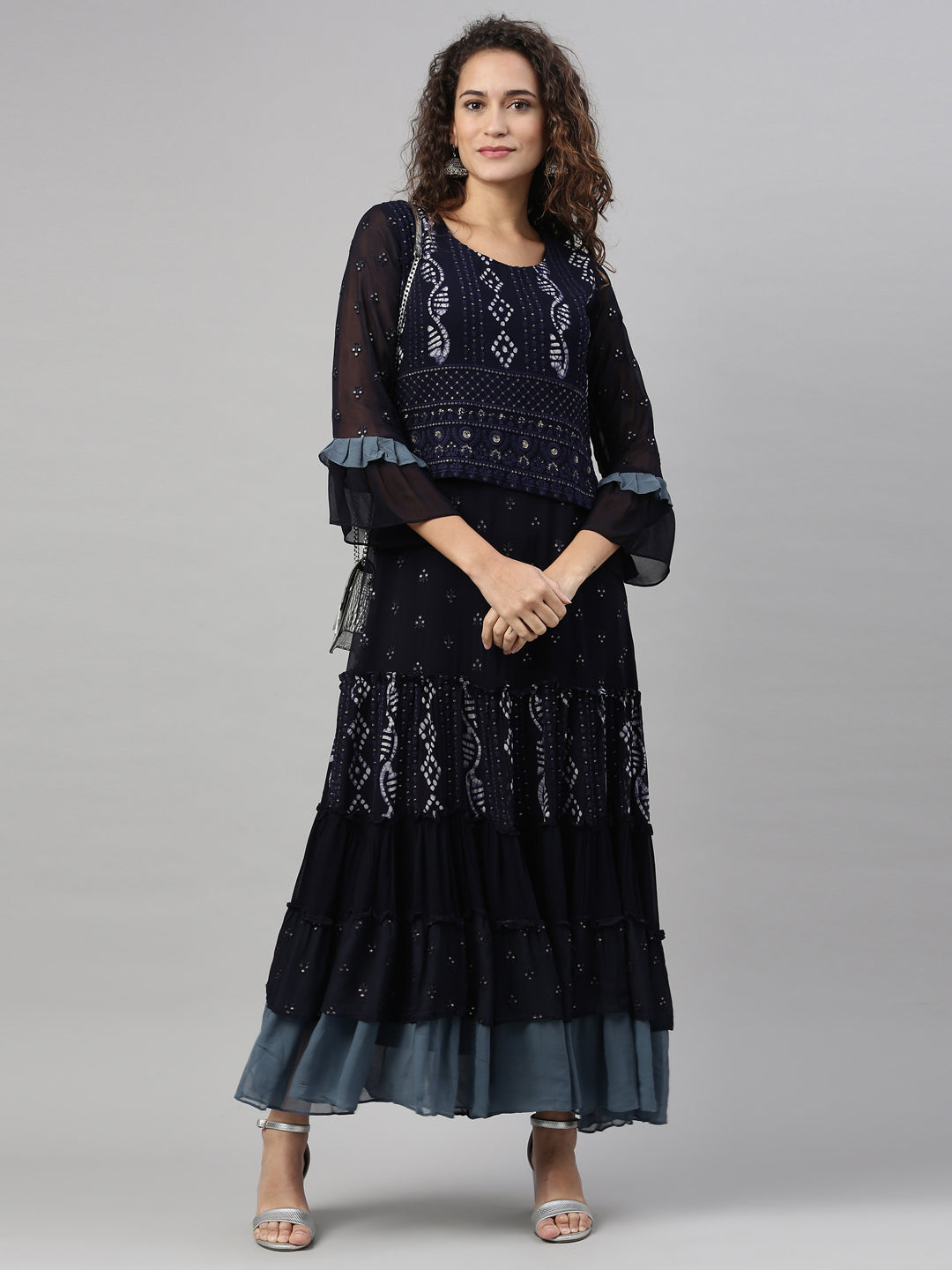 Neerus Blue Georgette Hand Embroidered Kurta - detail view 1