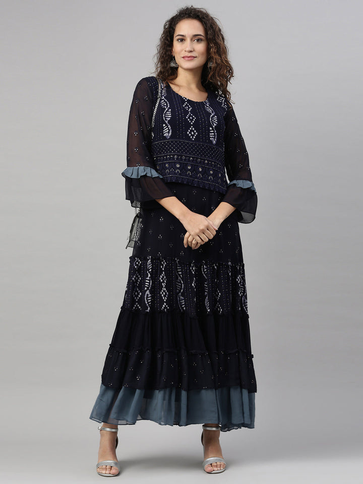 Neerus Blue Georgette Hand Embroidered Kurta - detail view 1