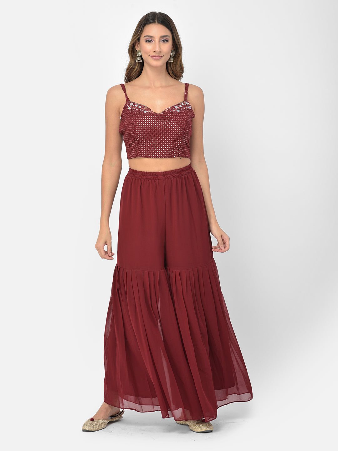 Neerus Maroon georgette embellished co-ord set - detail view 7