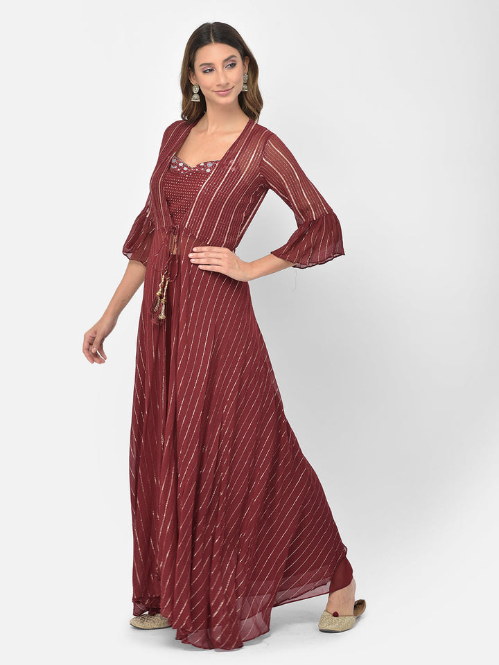 Neerus Maroon georgette embellished co-ord set - side view