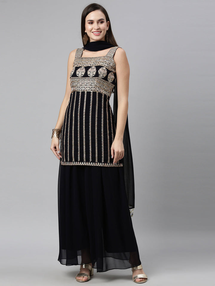Neerus Black georgette embellished kurta set - detail view 6