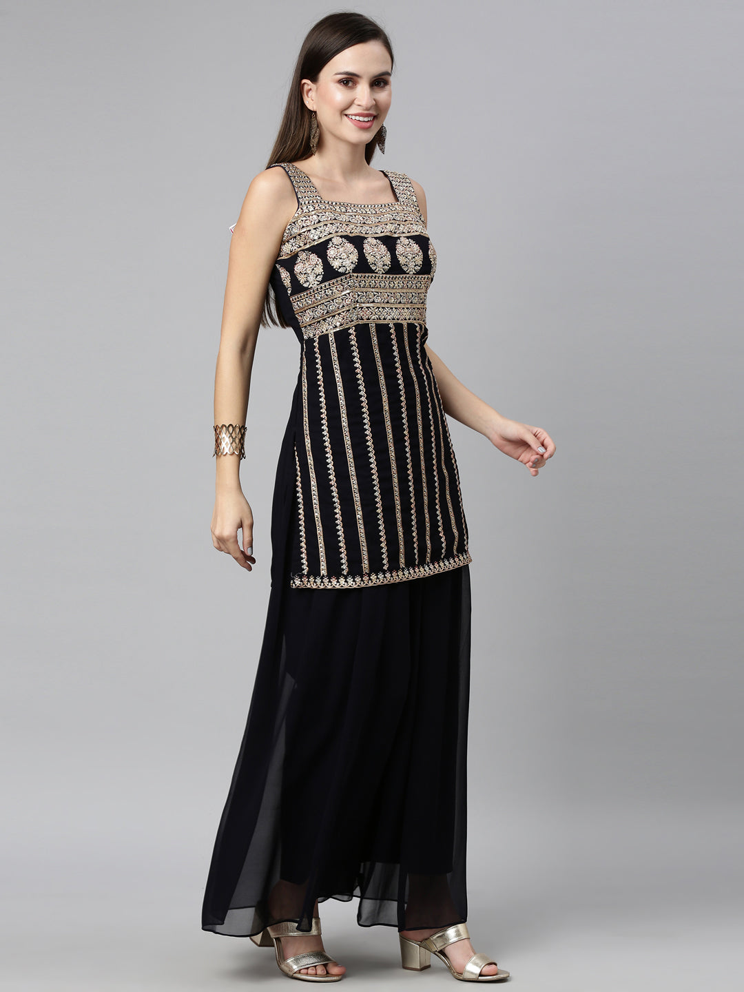Neerus Black georgette embellished kurta set - front view