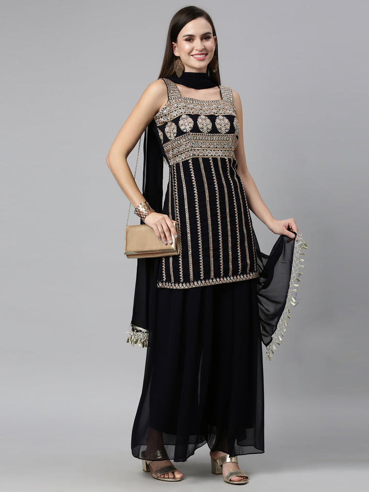 Neerus Black georgette embellished kurta set - detail view 1
