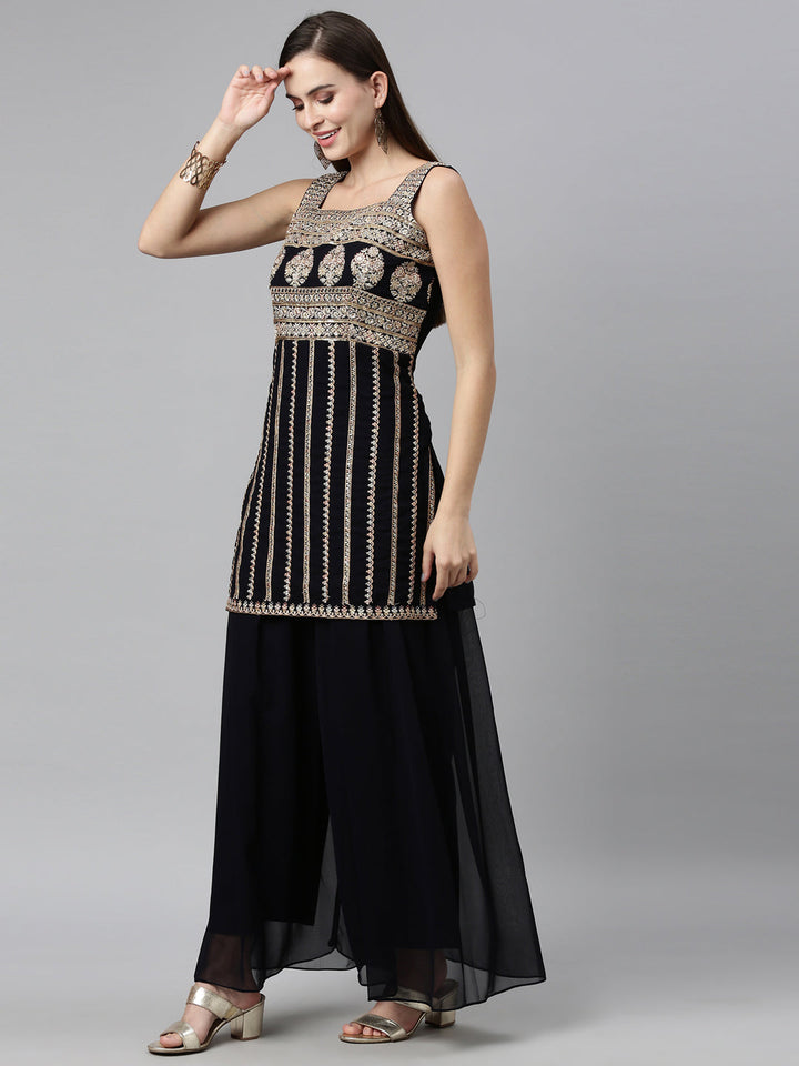 Neerus Black georgette embellished kurta set - detail view 2