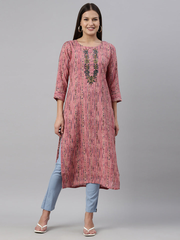 Neerus Pink georgette straight kurta - front view