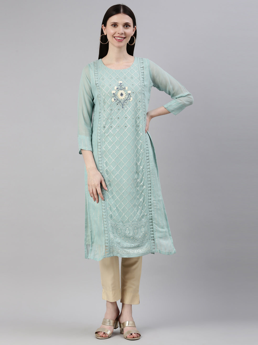 Neerus Blue georgette straight kurti - detail view 7