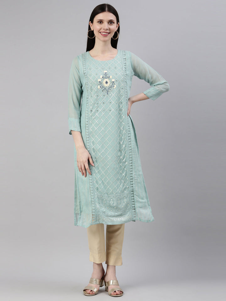 Neerus Blue georgette straight kurti - detail view 7