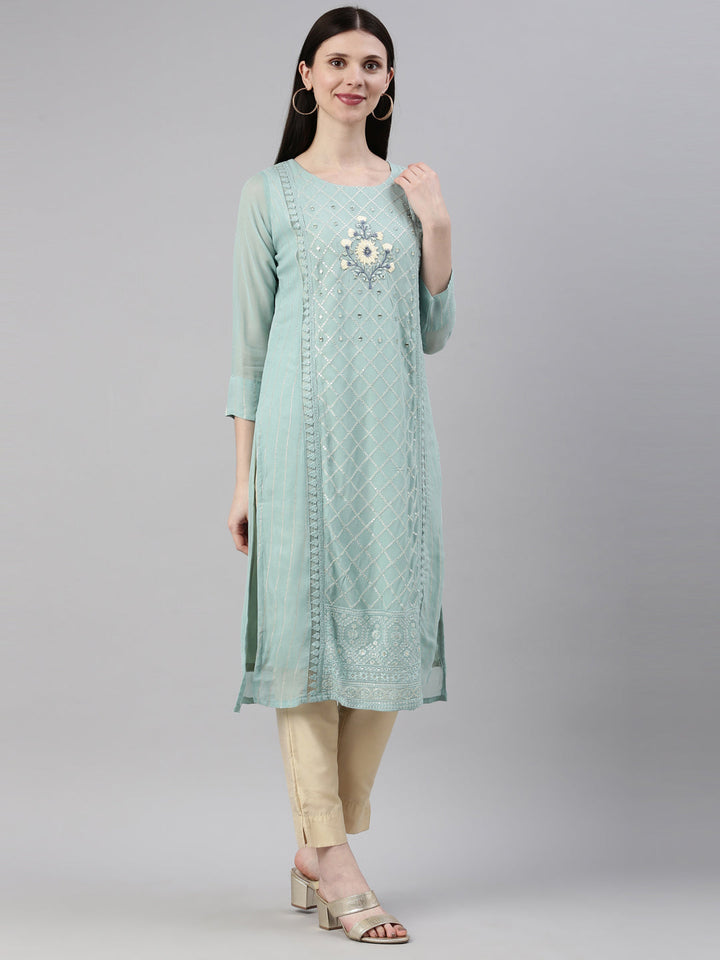 Neerus Blue georgette straight kurti - detail view 1