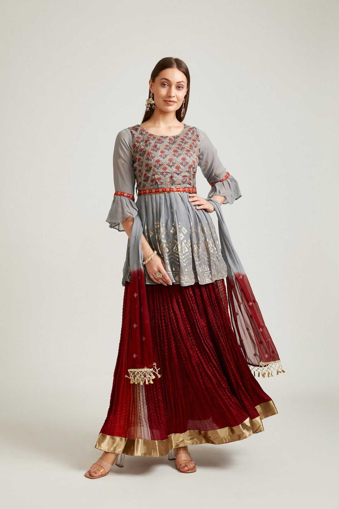 Neerus Grey Georgette Straight Kurta Set - front view