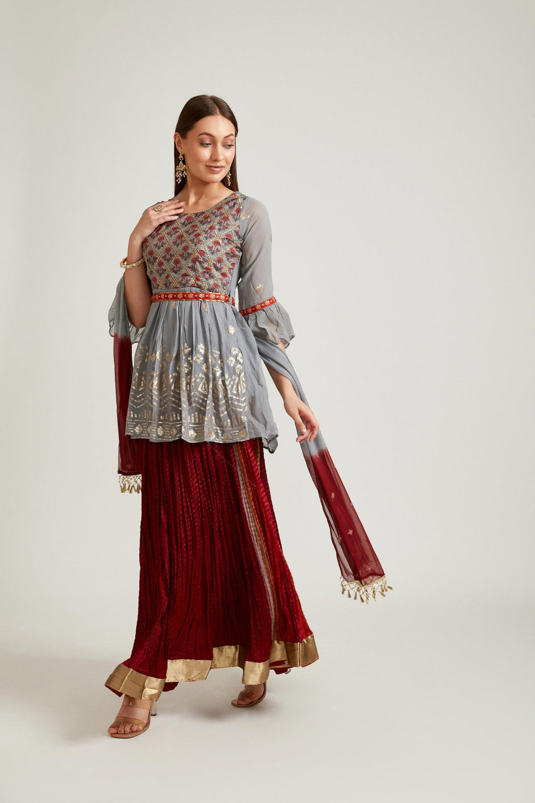 Neerus Grey Georgette Straight Kurta Set - back view