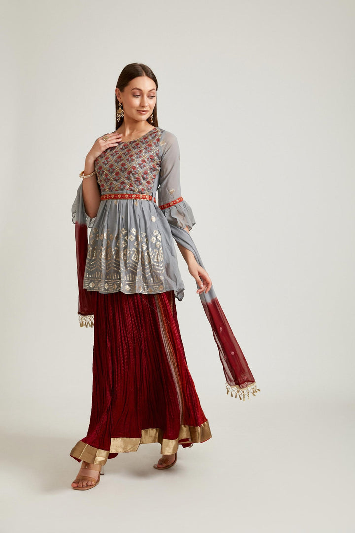 Neerus Grey Georgette Straight Kurta Set - back view