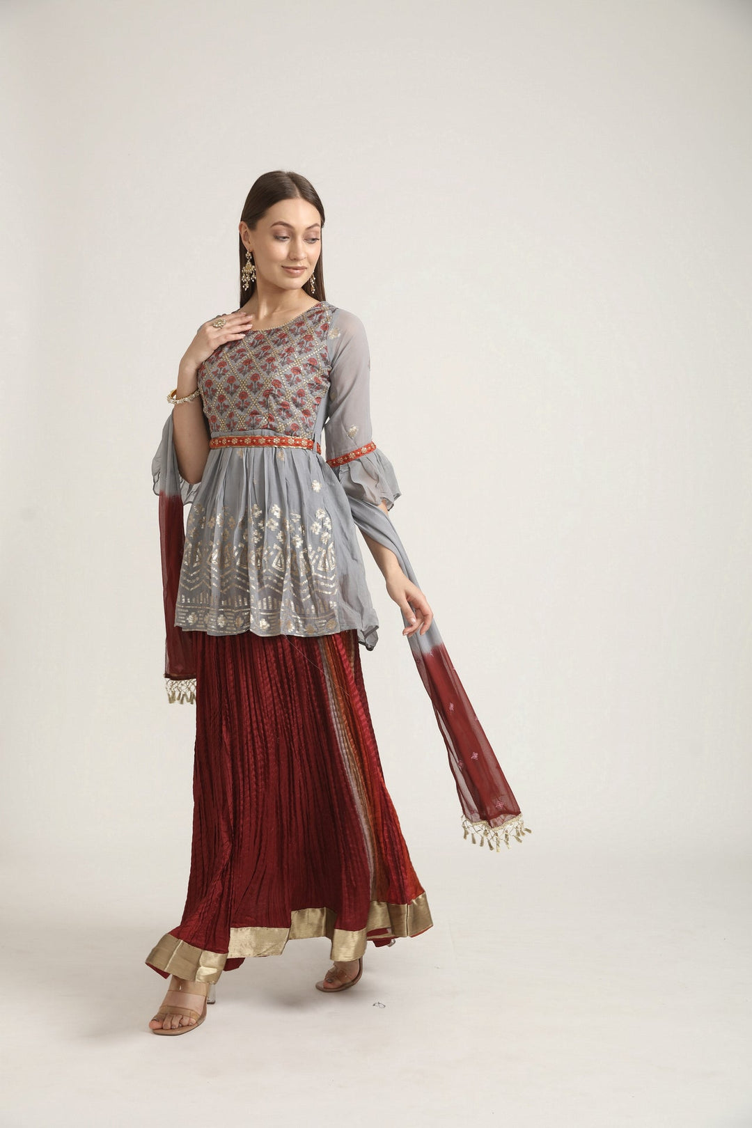 Neerus Grey Georgette Straight Kurta Set - side view