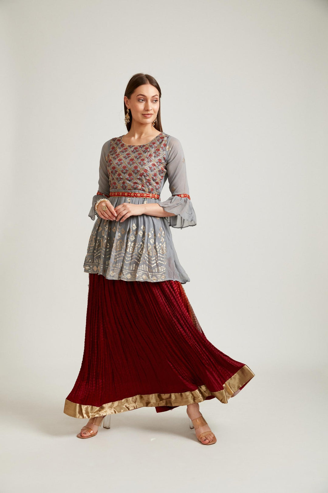 Neerus Grey Georgette Straight Kurta Set - detail view 2