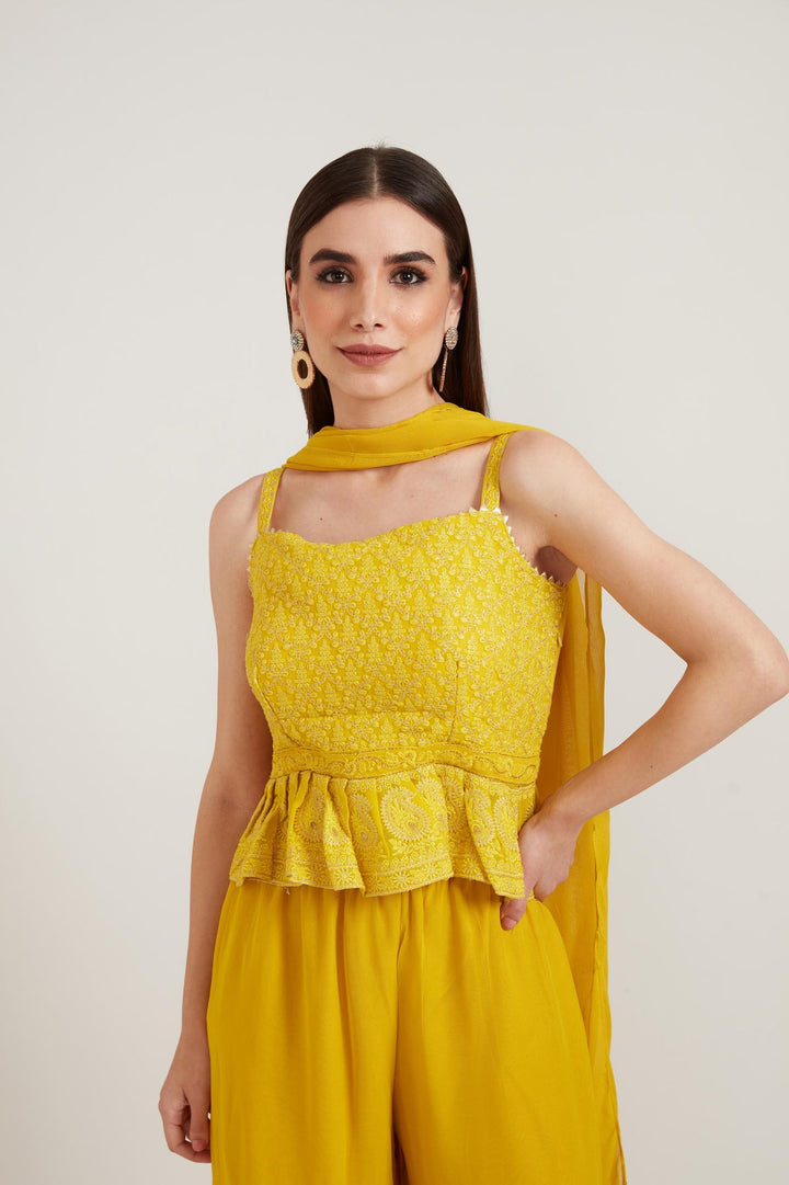 Neerus Yellow georgette printed sharara set - back view