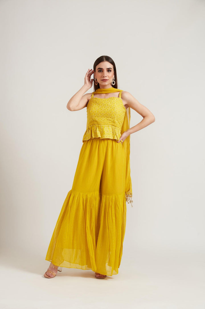 Neerus Yellow georgette printed sharara set - front view