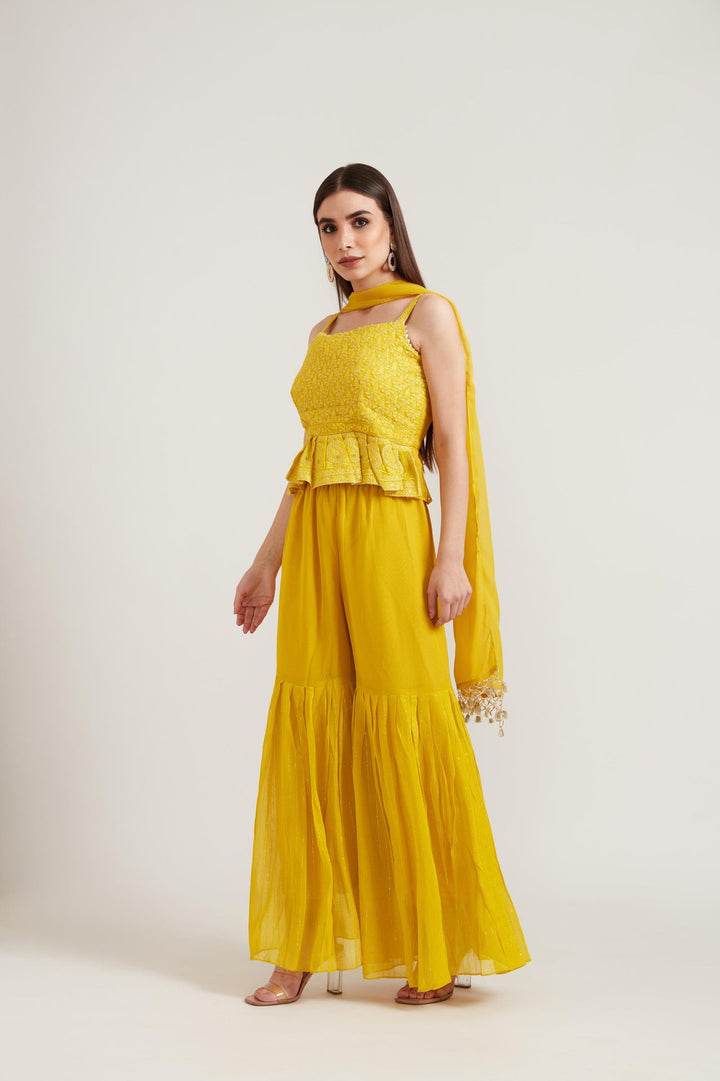 Neerus Yellow georgette printed sharara set - detail view 1