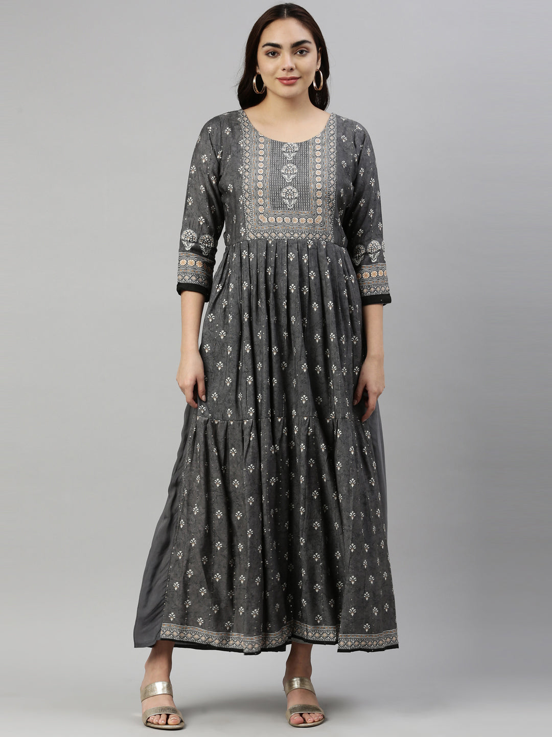 Neerus Grey modal printed kurti - front view