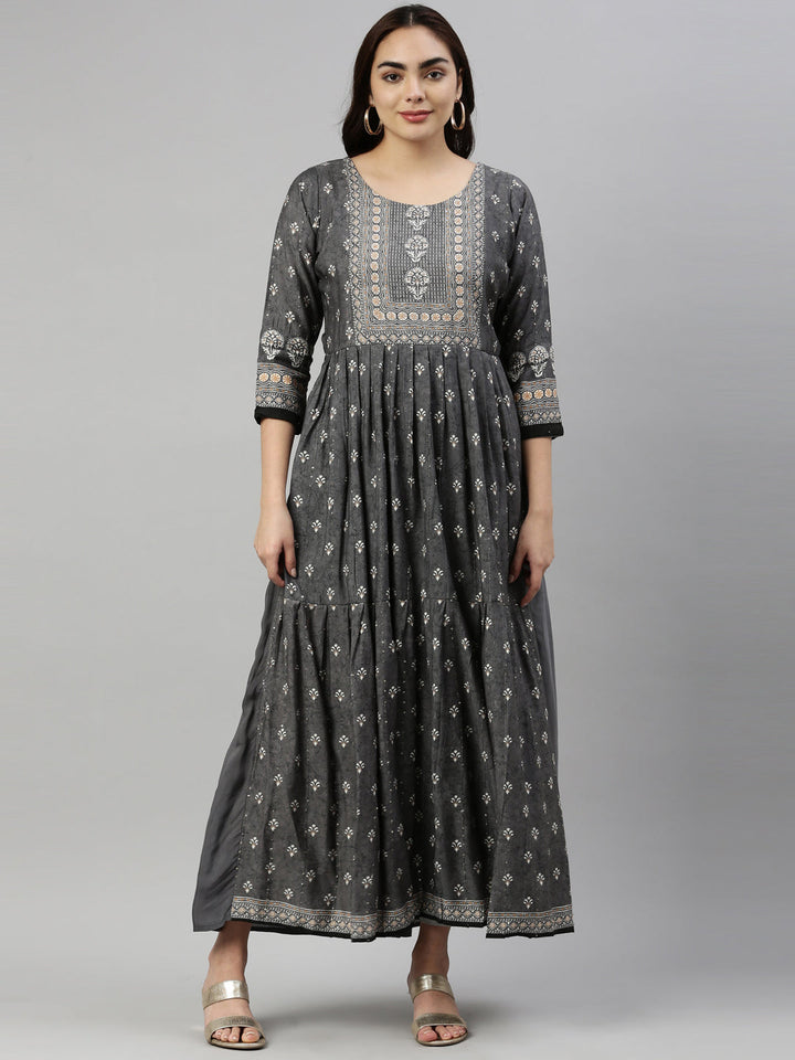 Neerus Grey modal printed kurti - front view