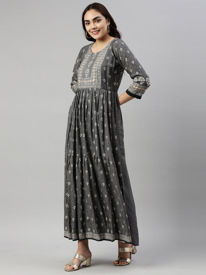 Neerus Grey modal printed kurti - side view