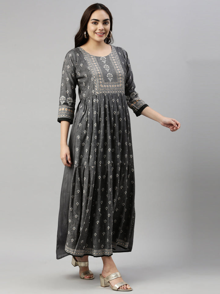 Neerus Grey modal printed kurti - detail view 1