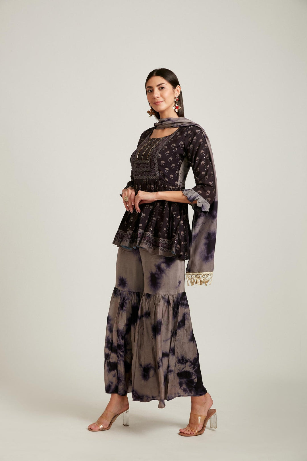Neerus Black jute cotton printed kurta set - detail view 5
