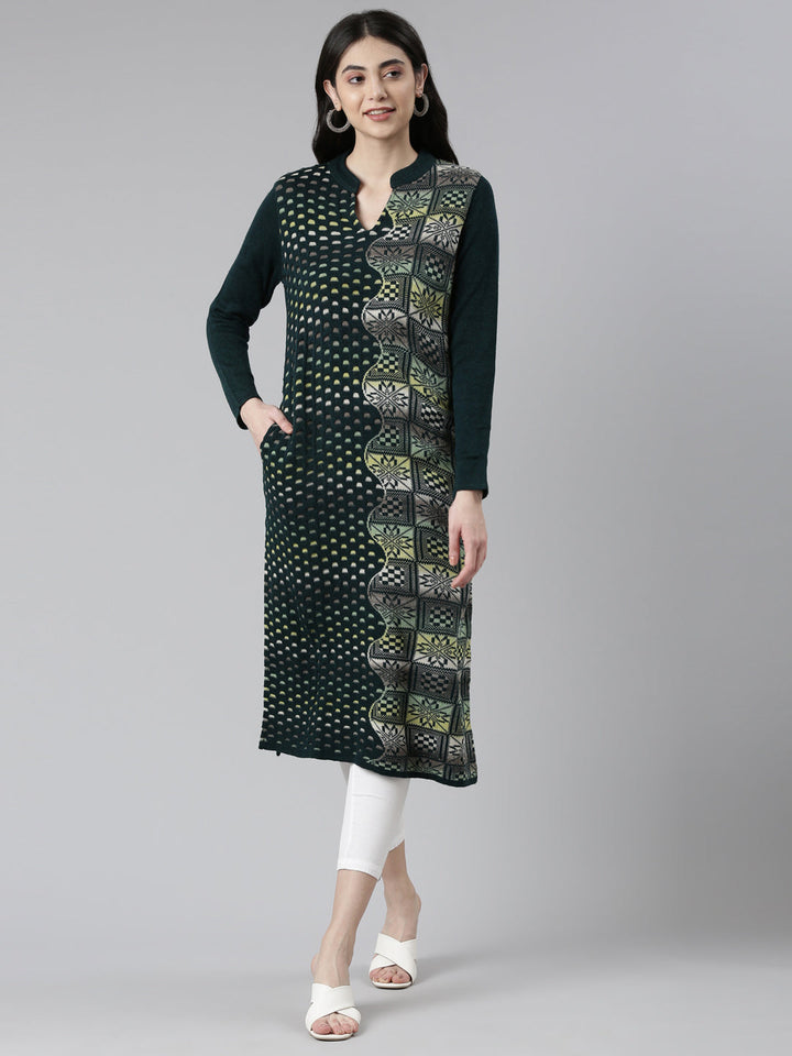 Neerus Multi rayon printed straight kurti - front view
