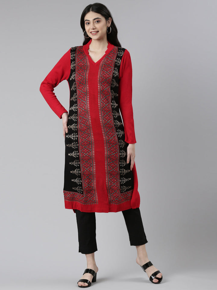 Neerus Multi cotton printed straight kurta - front view