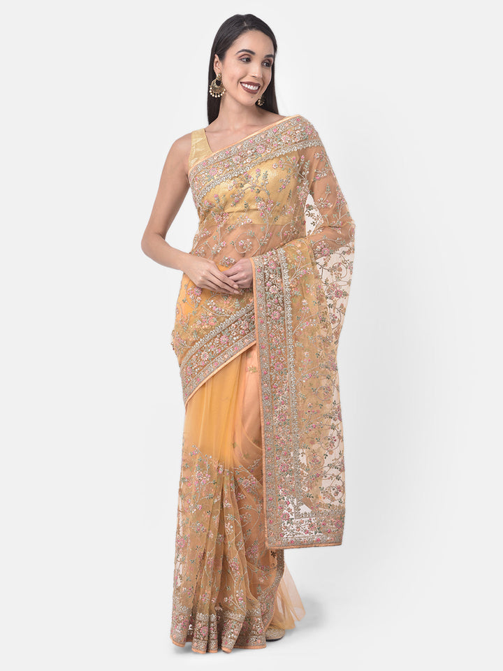 Neerus Yellow net embroidered saree - front view